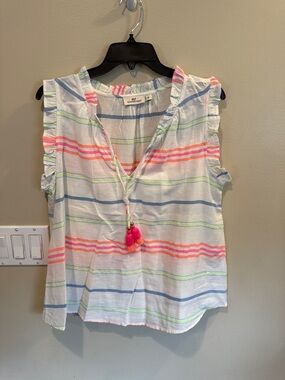 Vineyard Vines White Striped Ruffle Tassel Sleeveless Top